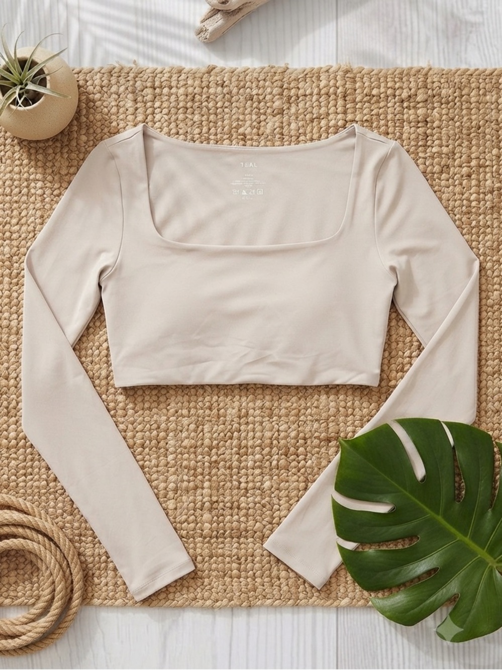 TEAL Sand Beige Long Sleeve Square Neck Cropped Top | Minimalist Athleisure